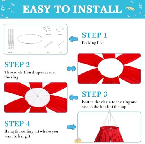 Red Ceiling Drapes 6 Panels 5x10ft with 12 Inch Ceiling Drapes Hanging Kit Silver Ceiling Drape Hoop Ring Kit Chiffon Ceiling Fabric Draping Fabric for Wedding Party Ceremony Decorations - Image 6