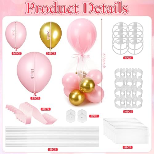 BBTO 8 Set Pink Gold Table Centerpieces Balloons Stand Kit, Latex Balloons and Table Stand Holder with Base Tulle for Wedding Birthday Grad Prom Centerpieces Party Back to School Baby Shower - Image 2