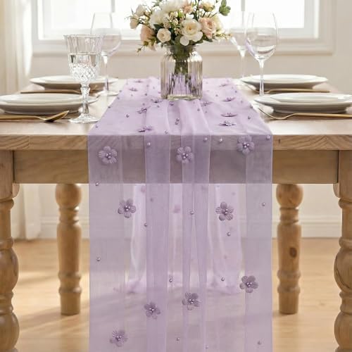 Artoid Mode Purple Flower Pearl Purple Gauze Table Runner 10FT, Seasonal Sheer Dining Holiday Wedding Birthday Baby Shower Table Decor for Home Party - Image 2