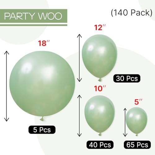 PartyWoo Pearl Light Green Balloons 140pcs Pastel Green Different Sizes - Image 5