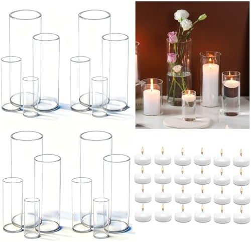 UDU Set of 16 Cylinder Glass Vases and 24 Pcs Floating Candles for Centerpiece, 4,6,8,10 Inch Tall Clear Hurricane Candle Holder Glass Vases for Centerpiece Table Wedding Home Decor by Unknown