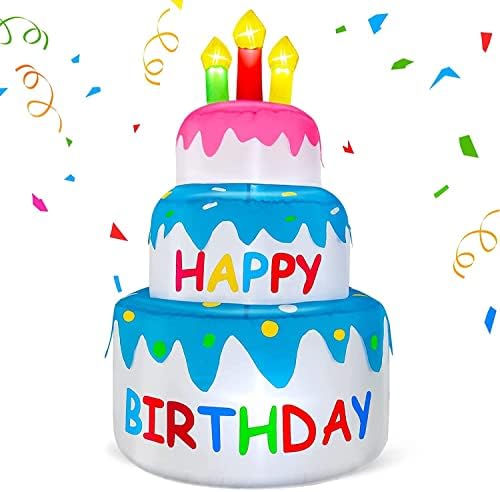 4 Ft Inflatable Happy Birthday Cake Decorations Outdoor Lighted Blow Up Holiday Birthday Party Decor with Candles 6 LED Lights for Indoor Home Celebration Garden Lawn Yard Prop Sign by TURNMEON