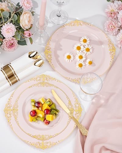 Nervure 700Pcs Pink Plastic Plates, Plastic Dinnerware Set for 100 Guests - Image 4