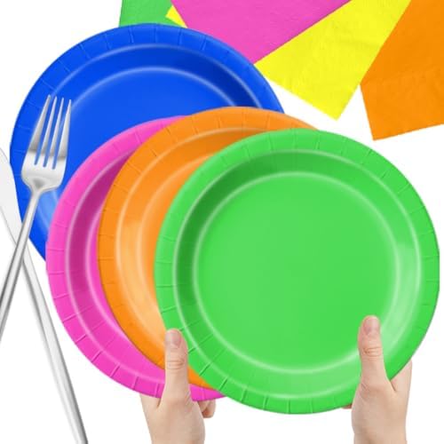 CMUSKO Glow in the Dark Party Supplies - 60Pcs Neon Party Plates & Napkins Set 80s Neon Let's Glow Themed Tableware for Birthday - Image 5