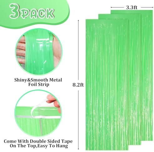Voircoloria Pastel Green Foil Fringe Backdrop Curtains,3.3x8.2ft, 3 Pack - Image 2