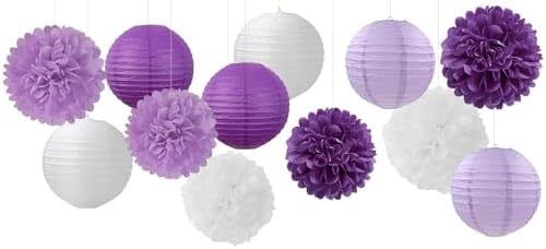 Purple-White Lavender Party Decorations Paper Flowers Lanterns - 15PCS Birthday Graduation Tissue Pom Poms Streamers, Baby Bridal Shower Wedding Retirement Bachelorette Hanging Supplies Decor Hugfond - Image 7