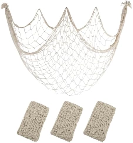 10x5 Ft Fish Net Decorations Party, 3 Pcs Beige Fishing Net Halloween Decor by iHansee