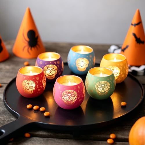 Day of Dead Skull Glass Votive Candle Holders for Indoor Halloween Decor - Image 5