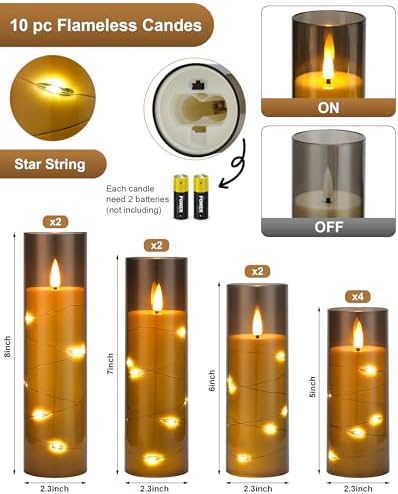 Enido Flameless LED Candles with Remote & Timer, Battery Operated Acrylic Pillar Set, 10 Pc Flickering Electric Lights with Embedded Star String for Cozy Home & Holiday Romantic Decor (Grey) - Image 2