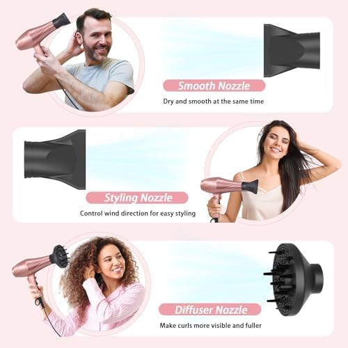 Ionic Hair Dryer,2400W Negative Ion Low Noise Hair Dryer Professional Fast Drying Hair Dryers with 2 Speeds, 3 Heat Settings, Cooling Button,with Diffuser for Curly and Straight Hair（Sakura Pink） - Image 5