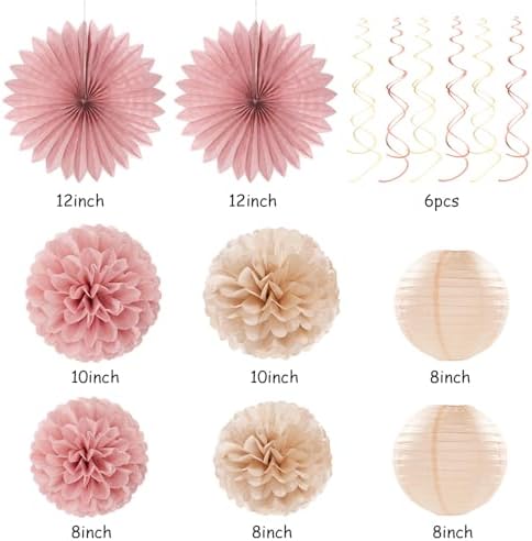 Blush-Pink Champagne Beige Happy-Birthday Party-Decorations - 31pcs 15th Women Girls Paper Lanterns Streamers Banner,Rose Gold Tissue Flowers Pom Poms Fans Tassels Graland Decor Supplies Hugmoon - Image 4