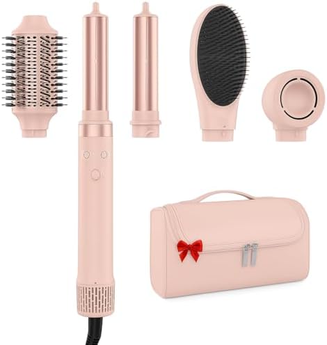 MESCOMB Dual Voltage Hair Dryer Brush - 5 in 1 Hot Air Styler Wrap with Auto Wrap Curlers, Fast Drying, Straightening & Volumizing,Blush Pink by MESCOMB