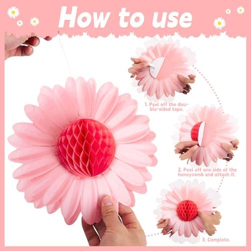 SUNBEAUTY Daisy Flower Hanging Decoration 9Pcs Pink and Yellow Daisy Honeycomb Paper Flower Decorations for Spring Summer Wall Birthday Wedding Classroom Backdrop Garden Tea Party Decor - Image 4