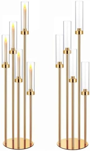 42.5in Gold Candle Holders for Table Centerpiece Candelabra Candlestick Holders Decor Wedding Centerpiece Table Decorations 5 arm Candle Holder Set of 2 Acrylic lampshade Fit 0.9" LED Candle by MEISHAONV