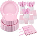 350 Pcs Pink Plates and Napkins, 50 Set Scalloped Pink Dinnerware by Xiangqu