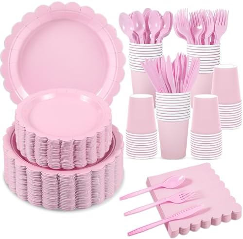 350 Pcs Pink Plates and Napkins, 50 Set Scalloped Pink Dinnerware by Xiangqu