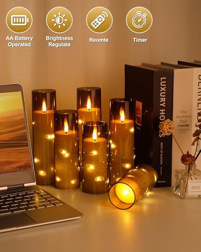 Enido Flameless LED Candles with Remote & Timer, Battery Operated Acrylic Pillar Set, 10 Pc Flickering Electric Lights with Embedded Star String for Cozy Home & Holiday Romantic Decor (Grey) - Image 3