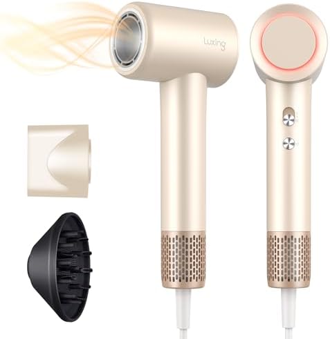 Hair Dryer, TurboLux Ionic 200 Million Negative Ions Fast Drying High Speed Hairdryer with Diffuser, Lightweight, Low Noise 1500W Hair Diffuser Dryer with 110000 RPM Brushless Motor (Cream) by LuxingBeauty-LuxuryHairStyling