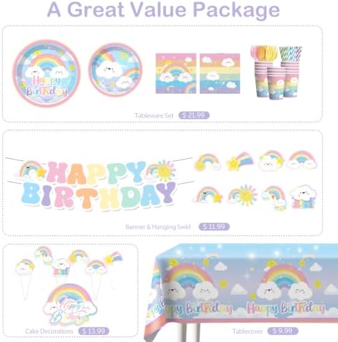 Xynic 174pcs Rainbow Birthday Decorations Complete Tableware Set, 25 Guests - Image 3