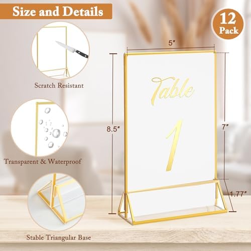 Floroom 12 Pack 5x7 Inch Clear Acrylic Sign Holders, Gold Border Double-Sided Vertical Picture Frames & Display Stands for Table Numbers, Photos, Menus, Flyers, Weddings, Parties & Events - Image 2