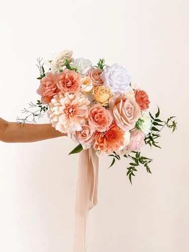 FACINOC Roses Artificial Flowers Orange Fake Flower with Stems for DIY Wedding Bouquets Bridal Baby Shower Centerpiece Table Decorations Silk Faux Floral Arrangements for Party Home Decor Indoor Peach - Image 5