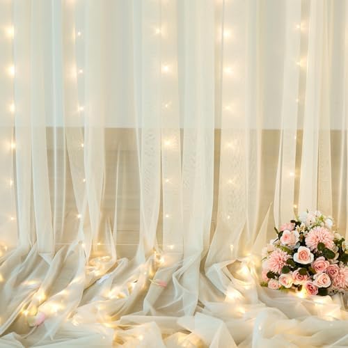 Ivory Tulle Backdrop Curtains with Lights String for Parites Wedding 10×10ft Sheer Backdrop Curtains for Baby Shower Birthday Party Photo Shoot Background Decorations - Image 6