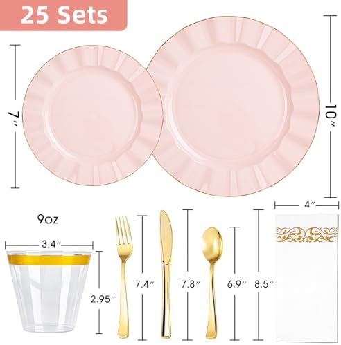 175PCS Pink Plastic Dinnerware Set, Wavy Plates for 25 Guests - Image 3