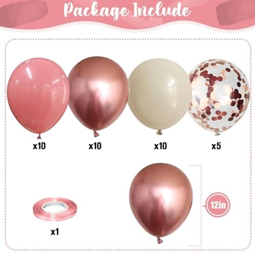 Dusty Pink and Rose Gold Balloons, 12In Retro Blush Pink Beige White Balloons with Metallic Rose Gold Confetti Latex Balloons Set for Girls Women Birthday Baby Bridal Shower Wedding Party Decorations - Image 3