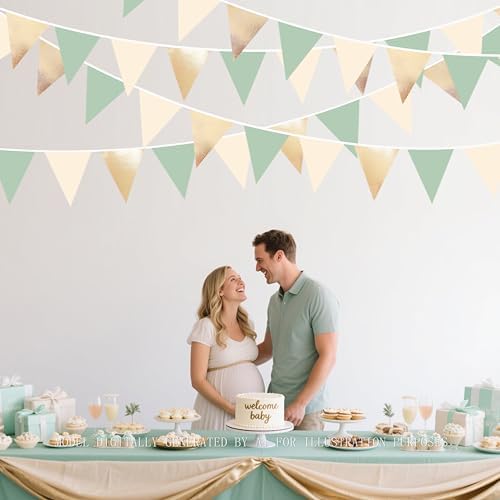 Sage Green Beige Champagne Gold Party Decorations Metallic Fabric Triangle Pennant Banner Bunting Flag Garland for Baby Shower Birthday Wedding Engagement Bridal Shower Graduation Decoration Supplies - Image 5