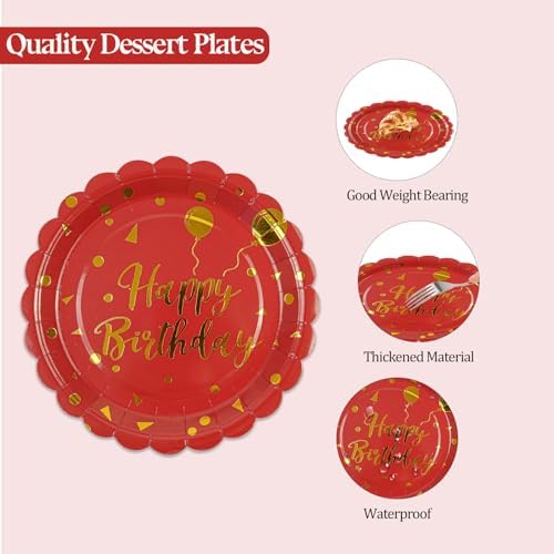 50PCS Happy Birthday Paper Plates and Napkins Party Decorations - 7 Inch Scalloped Red and Gold Dessert Plates and 6.5 Inch Napkins Disposable Tableware Set Birthday Party Supplies, Serves 25 - Image 4