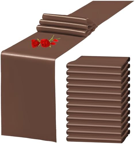 12 Pack Brown Satin Table Runner 12 x 108 Inch Long Premium Table Runners for Wedding Party Events Decoration, Birthday Parties, Banquets Decorations, Graduations, Engagements by YMHPRIDE