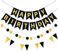Black Gold Happy Birthday Banner Hanging Sign Circle Dot Triangle Bunting by Unknown
