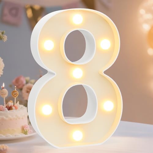 Decorative Led Light Up Number Letters, White Plastic Marquee Number Lights Sign Party Wedding Decor Battery Operated Number (8) by Pooqla