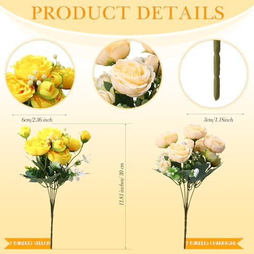 Geosar 8 Bundles Artificial Peonies Flowers,Yellow, Champagne - Image 2