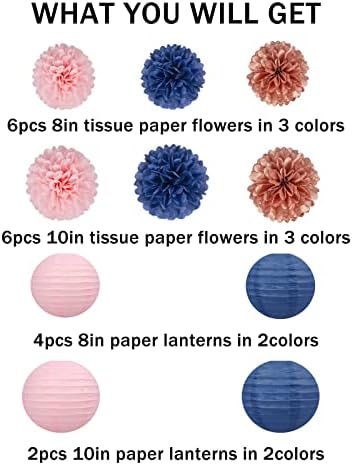Rose-Gold Navy-Blue Pink Party Decorations - 18pcs Gender Reveal Decor,Tissue Pom Poms Event Supplies,Paper Flowers,Paper Lanterns,Baby Shower decoration,Birthday,Engagement,Bachelorette,Wedding - Image 2