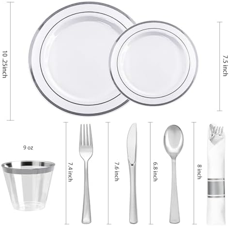BESTVIP 700 Piece Silver Plastic Dinnerware Set for 100 Guests - Image 2
