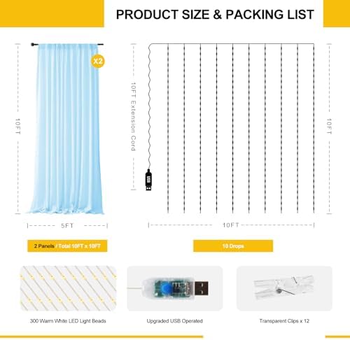 Tulle Curtain Backdrop with 300 LED Fairy Lights for Parites Wrinkle-Free Sheer Curtain Drapes Photo Back Drop for Wedding Baby Shower Bridal Shower Birthday Home Décor - 10ft×10ft, Baby Blue - Image 3