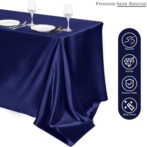 TURSTIN 8 Pack Navy Blue Satin Tablecloth 102 x 58'' Overlay Table Cover - Image 4