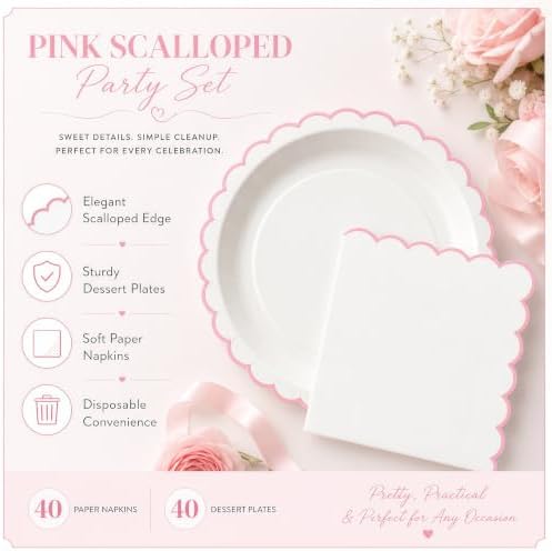 50 Pcs Pink and White Paper Plates and Napkins, 7 Inch Disposable Scalloped Plates & Napkins Party Supplies Cake Dessert Plate Tableware for Baby Shower Bridal Shower Wedding Birthday - Image 3