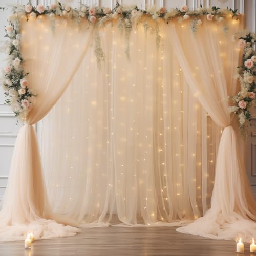 30ft x 10ft Champagne Tulle Backdrop Curtain with Lights String for Parties, Sheer Wedding Photo Backdrops Drapes for Baby Shower Birthday Party Decorations Background for Photography - Image 3