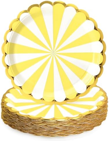 50 Pcs Yellow Party Paper Plates with Gold Scalloped Edge, Yellow Disposable 9 inch Scalloped Paper Dessert Plates Party Supplies for Birthday Bridal Shower Picnic, Striped by WelcometoUVTQSSP