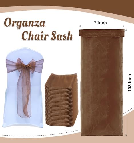MDS Pack of 10 Organza Chair Sashes for Wedding & Event Décor – Coffee - Image 3