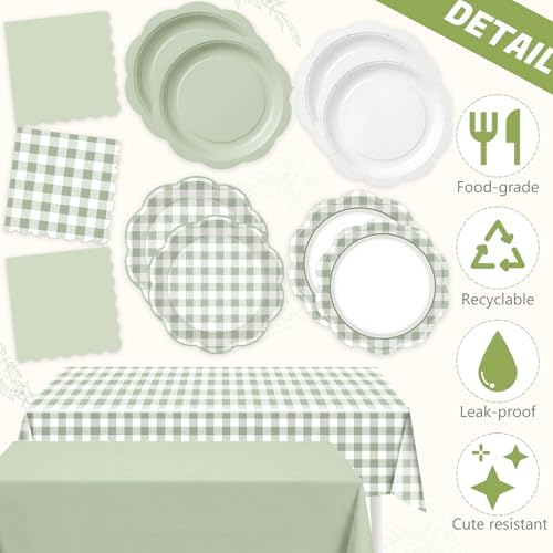 LemonRoad 100 Pcs Sage Green Gingham Paper Plates Napkins Plastic Tablecloth Set for 24, Green White Disposable Dinner Dessert Scalloped Plates for Baby Shower Picnic Birthday Party Supply Decoration - Image 2