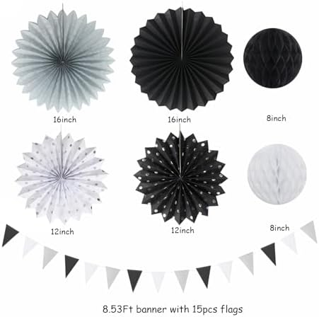 Black White Silver Party Decorations - 20pcs New Year Men Birthday Paper Lanterns Fans,Tissue Pom Poms,Honeycomb Balls,Bunting,Wedding Bachelorette Bridal Graduation Baby Decor Burgleda - Image 3