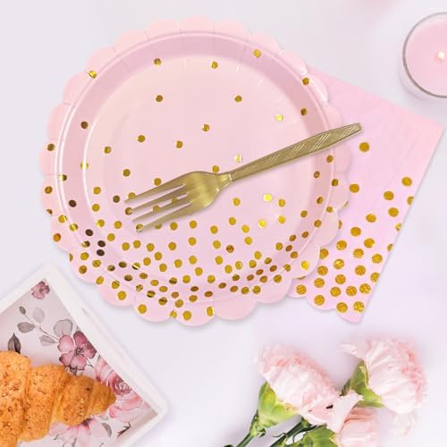 Pink and Gold Paper Plates and Napkins Fork Party Supplies - Image 3