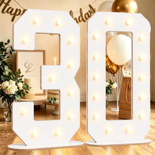 Pooqla 30th Birthday Decorations, 17.3 in White Wooden Light Up Numbers by Pooqla
