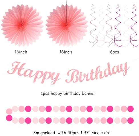 Light Hot Pink Birthday Party-Decorations - 21pcs Girl Happy Banner,Paper Lanterns Honeycomb,Tissue Pom Poms Flower Fan,Hanging Streamers Garland,18th 21st 30th Women Birthday Decor Supplies Huglony - Image 3