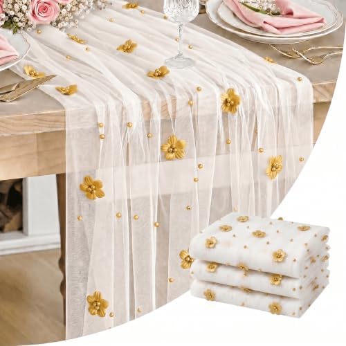 Artoid Mode Yellow Flower Pearl White Gauze Table Runner 10FT 3PC, Seasonal Sheer Dining Holiday Wedding Birthday Baby Shower Table Decor for Home Party by ArtoidMode