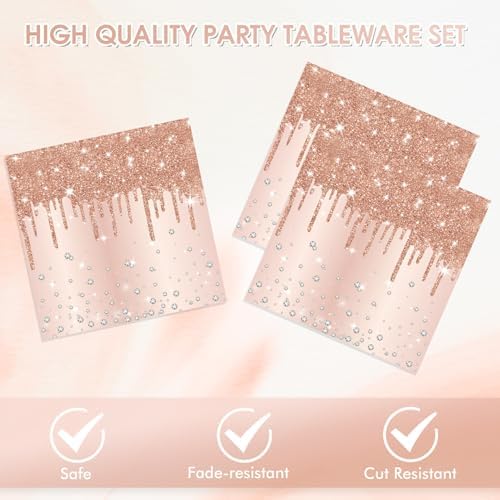 40PCS Rose Gold Happy Birthday Party Decorations , Rose Gold Diamond Theme Party Supplies Happy Birthday Tableware Includes Plates and Napkins for Women Girls‘13th 16th 18th 21st 30th - Image 3