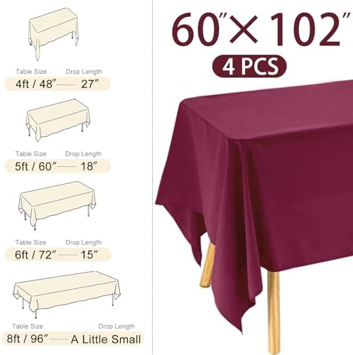 4 Pack Rectangle Tablecloth 60x102 Inch Burgundy Washable Polyester Table Cover for Wedding Dining Table Buffet Parties Banquet Decoration（Burgundy） - Image 2